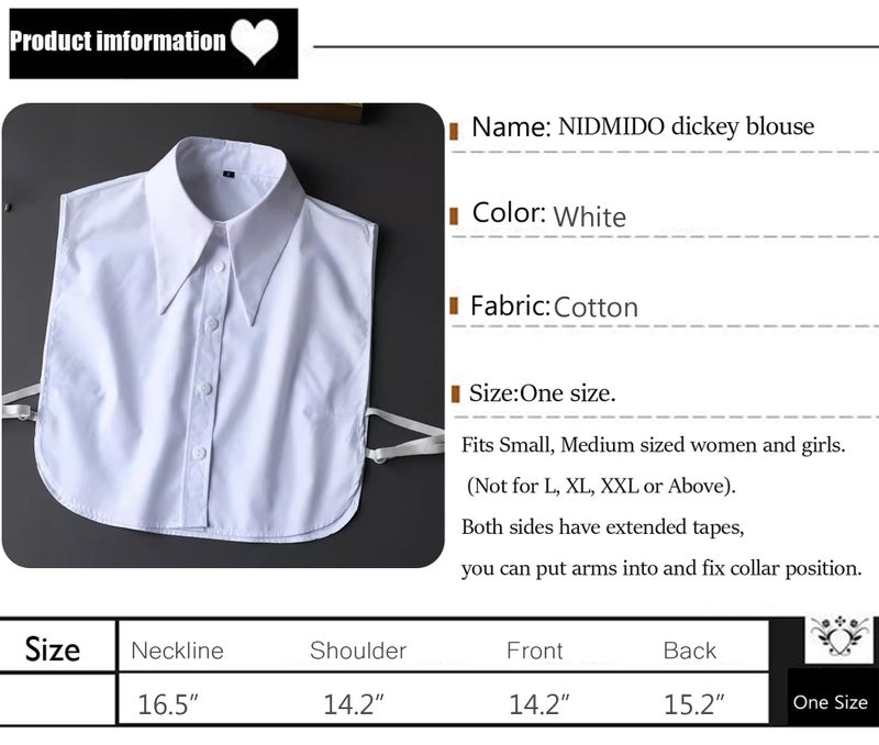 NIDMIDO Cotton Classic Fake Collar Detachable Dickey Collar Half Shirts Blouse False Collar Top for Women Girls Outfits (White) - Image 3