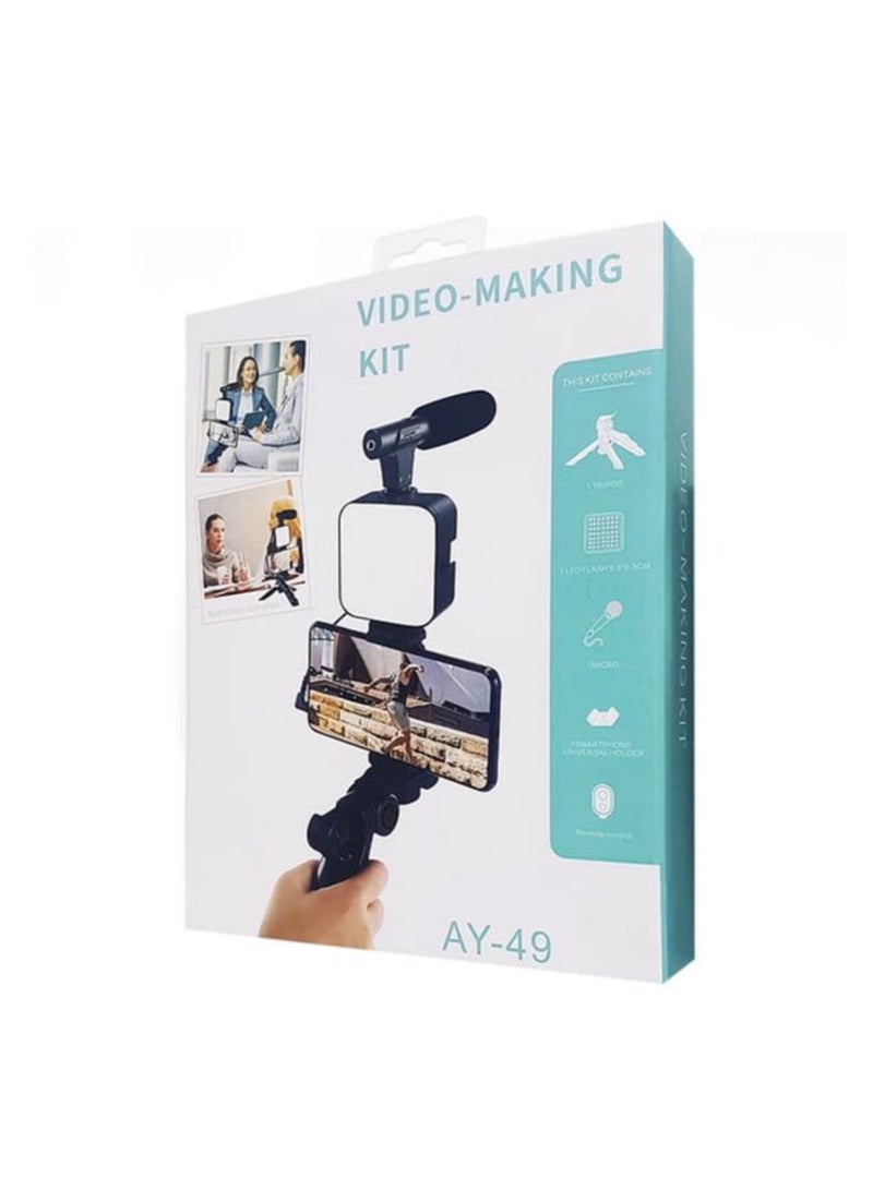 Video Making Kit for Live Streaming (1 Tripod + 1 LED Flash + 1 Micro + 1 Holder + Remote Control) Compatible with All Smartphones AY-49  - Image 1