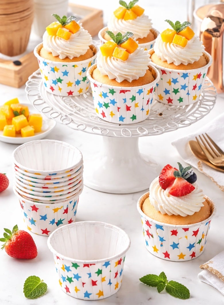 صحة هوم ٥٠ قطعة أكواب كب كيك قابلة للفرد بطبعة نجوم، أكواب خبز ومفن من ورق غذائي مقاوم للشحوم، مناسبة للحفلات والزفاف - Image 3