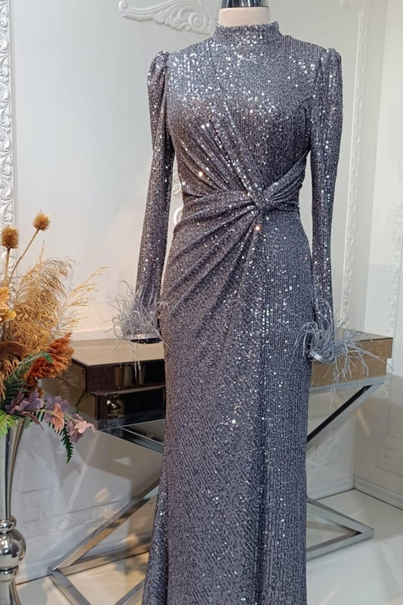 Esilanur Huma Hijab Evening Dress Silver  - Image 1
