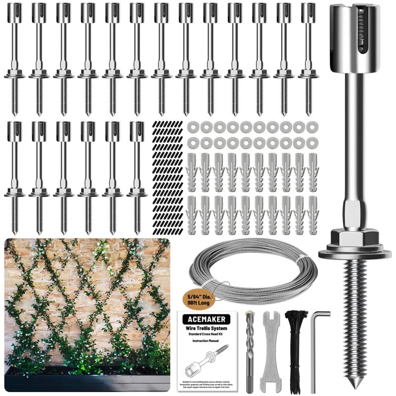 Acemaker Wire Trellis for Climbing Plants Outdoor, 20-Set Wall Wire Trellis Kit with 5/64"(2mm) x 98ft Stainless Steel Cable, T316 Espalier System for Fence and Garden DIY Projects - Image 1