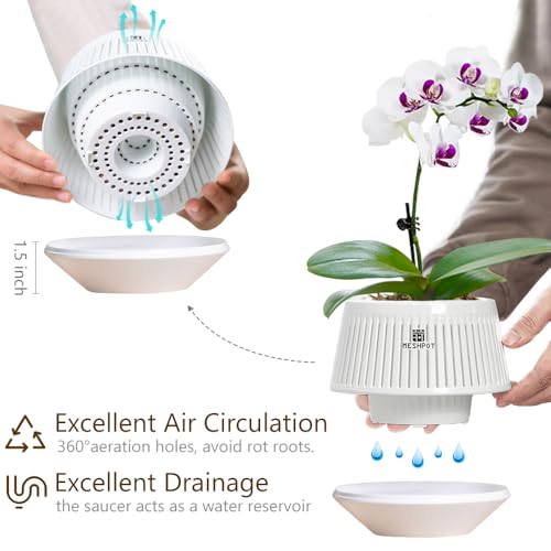 Meshpot 5 inch Orchid Pots with Holes for Repotting,Set of 1,Decorative African Violet Pots with Air-Pruning and Good Air Circulation,Plastic White Orchid Planter with Saucers - Image 3