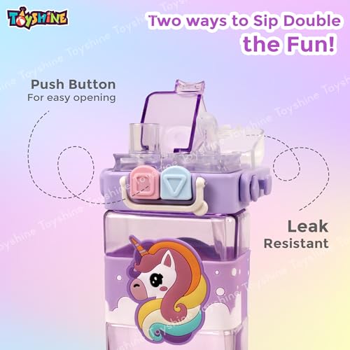 Toyshine 520ML Unicorn Theme BPA Free Water Bottle with Dual Cap | Double Drinking Straw Cup | Leak-Proof | Strap & Carry Handle | Portable Handheld Kids Tumbler Perfect for Travel Picnic Sport School - Image 4