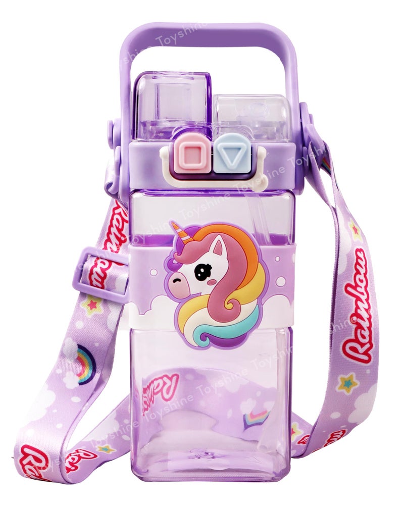 Toyshine 520ML Unicorn Theme BPA Free Water Bottle with Dual Cap | Double Drinking Straw Cup | Leak-Proof | Strap & Carry Handle | Portable Handheld Kids Tumbler Perfect for Travel Picnic Sport School - Image 1