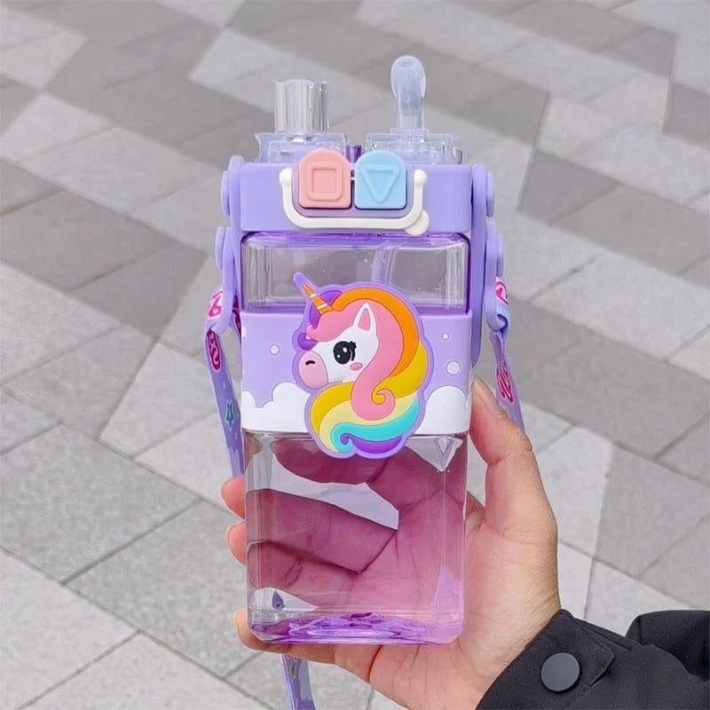 Toyshine 520ML Unicorn Theme BPA Free Water Bottle with Dual Cap | Double Drinking Straw Cup | Leak-Proof | Strap & Carry Handle | Portable Handheld Kids Tumbler Perfect for Travel Picnic Sport School - Image 2