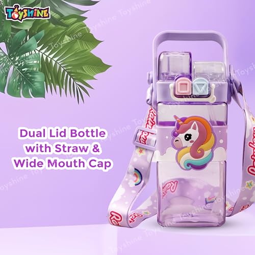 Toyshine 520ML Unicorn Theme BPA Free Water Bottle with Dual Cap | Double Drinking Straw Cup | Leak-Proof | Strap & Carry Handle | Portable Handheld Kids Tumbler Perfect for Travel Picnic Sport School - Image 3
