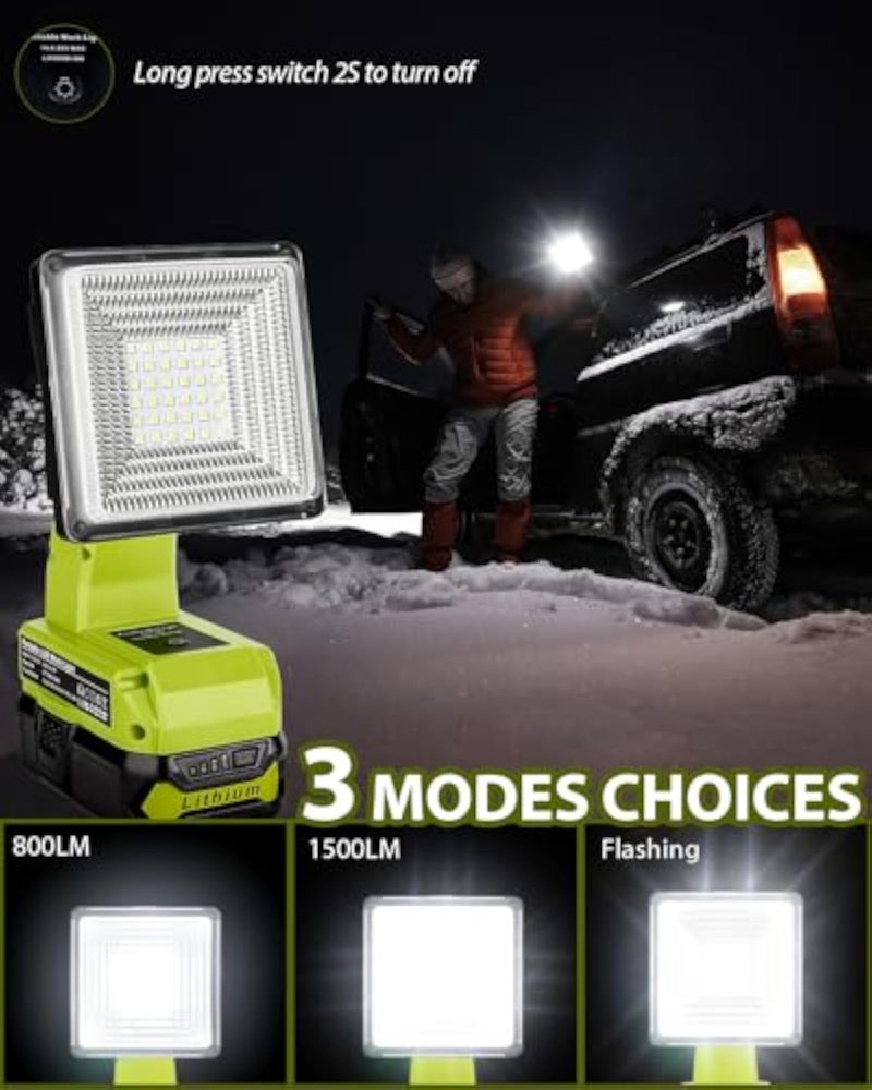 Adisipsoarin Cordless LED Work Light for Ryobi 18V Battery, 25W LED Floodlight with USB-A&USB-C 2.1A Fast Charging Ports for Jobsite, Car Repairing, Camping, Emergency - Image 4