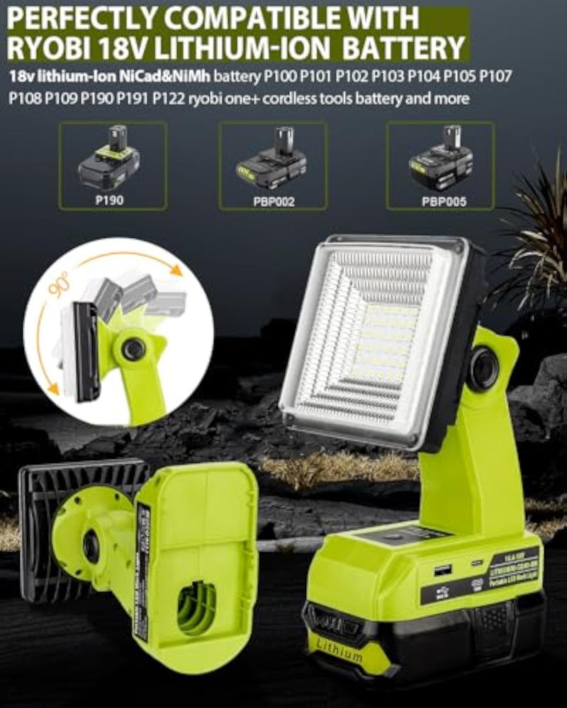 Adisipsoarin Cordless LED Work Light for Ryobi 18V Battery, 25W LED Floodlight with USB-A&USB-C 2.1A Fast Charging Ports for Jobsite, Car Repairing, Camping, Emergency - Image 3