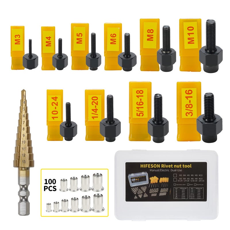 HIFESON Rivet Nut Tool Hand Nuts Riveter Rivnut Tool Metric and SAE with Step Drill Accessory for Stainless Steel Nuts M3 M4 M5 M6 M8 M10 1024 1420 51618 3816 Stainless_Steel - Image 3