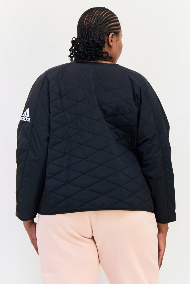 Adidas جاكيت خارجي مبطن بأكمام طويلة للنساء بحجم كبير، أسود - Image 3