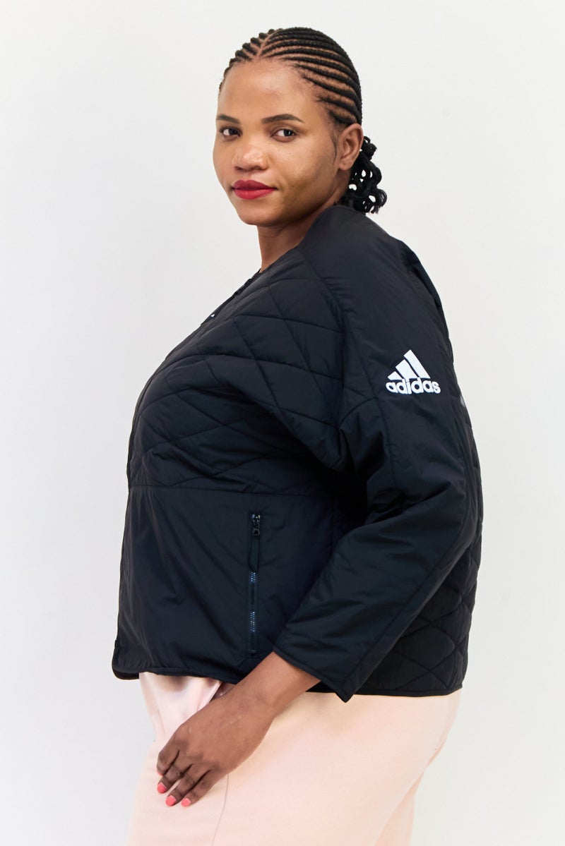 Adidas جاكيت خارجي مبطن بأكمام طويلة للنساء بحجم كبير، أسود - Image 2