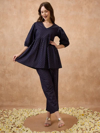 globus Women V-Neck Bishop Sleeve Woven Design Tunic With Wide Leg Pants Festive Co-Ord Set