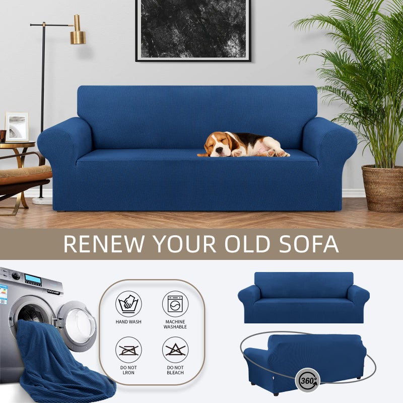 KEKUOU Stretch Sofa Cover Slipcover ï¼ŒCouch Covers for 3 Cushion Couch Sofa pet Friendly (78"-94") Furniture Protector Sofa with Elastic Bottom for Kids,Dog, Jacquard Small Checked(Large,Classic Blue) - Image 3