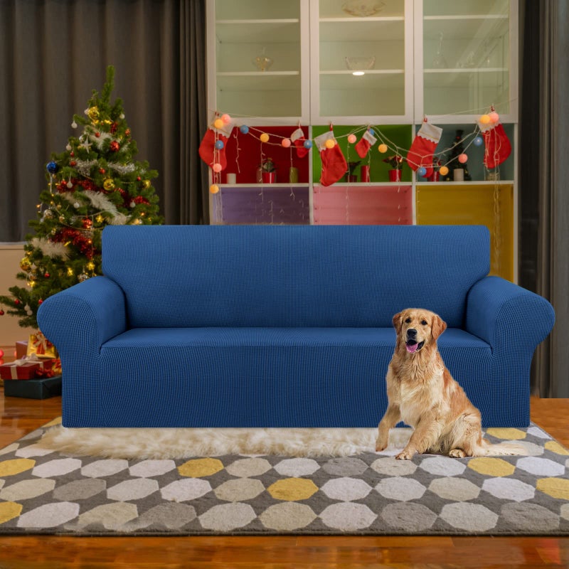 KEKUOU Stretch Sofa Cover Slipcover ï¼ŒCouch Covers for 3 Cushion Couch Sofa pet Friendly (78"-94") Furniture Protector Sofa with Elastic Bottom for Kids,Dog, Jacquard Small Checked(Large,Classic Blue) - Image 2