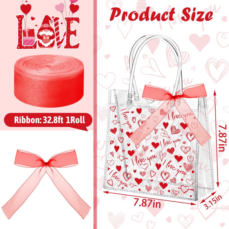 Abbylike 24 Pcs Valentine's Day Heart Clear Gift Bags 7.87 x 3.15 x 7.87 in Love Kiss Tote PVC Shopping Clear Bags with Handles Red Ribbon Supplies for Wedding and Valentine Party Supplies - Image 4