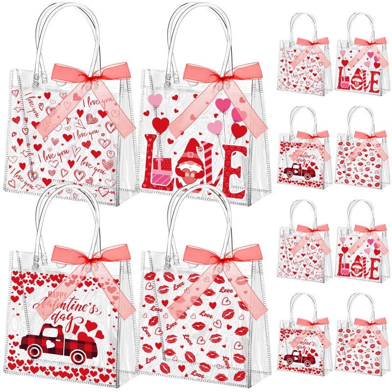Abbylike 24 Pcs Valentine's Day Heart Clear Gift Bags 7.87 x 3.15 x 7.87 in Love Kiss Tote PVC Shopping Clear Bags with Handles Red Ribbon Supplies for Wedding and Valentine Party Supplies - Image 1