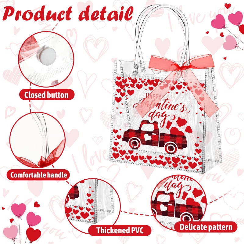 Abbylike 24 Pcs Valentine's Day Heart Clear Gift Bags 7.87 x 3.15 x 7.87 in Love Kiss Tote PVC Shopping Clear Bags with Handles Red Ribbon Supplies for Wedding and Valentine Party Supplies - Image 2