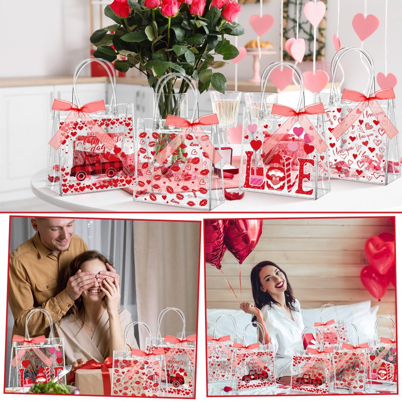 Abbylike 24 Pcs Valentine's Day Heart Clear Gift Bags 7.87 x 3.15 x 7.87 in Love Kiss Tote PVC Shopping Clear Bags with Handles Red Ribbon Supplies for Wedding and Valentine Party Supplies - Image 3
