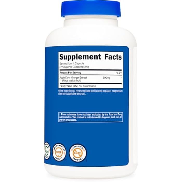 Nutricost Apple Cider Vinegar Capsules 500mg, 240 Vegetarian Capsules - Natural, Vegetarian, GMP, Non-GMO and Gluten Free - Image 4