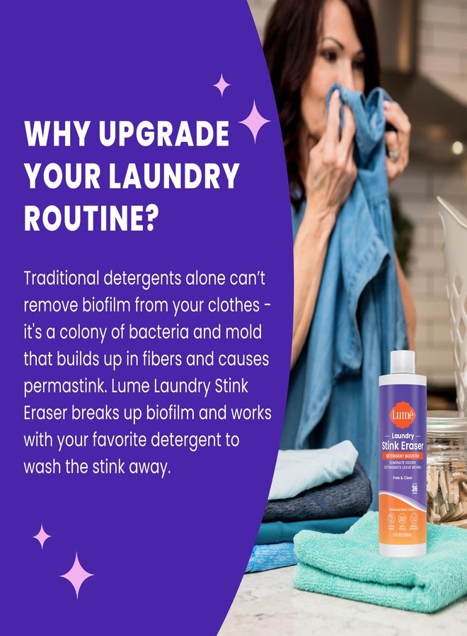 Lume Laundry Stink Eraser - Detergent Booster & Sink Soak - Eliminates Body Odor In Clothes - Odor Blasting Enzyme Blend - Makes Your Detergent Work Better - Free And Clear - 8 fluid ounces (2 Pack) - Image 3