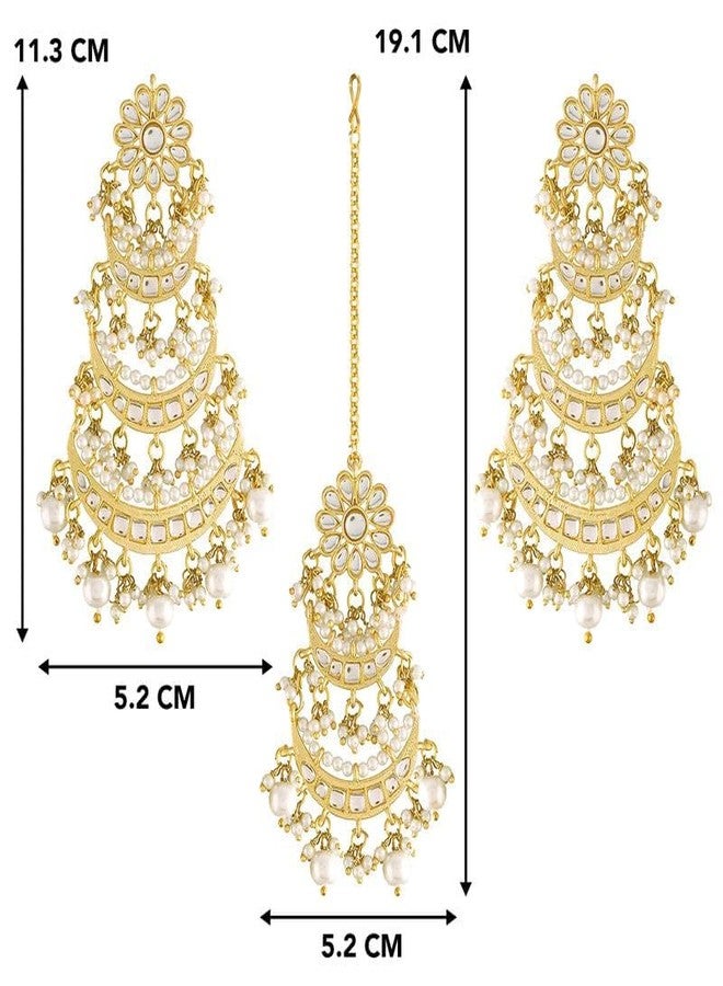 Aheli Kundan Pearl Long Dangle Chandbali Earring Maang Tikka Indian Traditional Bollywood Jewelry Set Gift for Women - Image 4