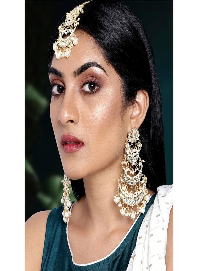 Aheli Kundan Pearl Long Dangle Chandbali Earring Maang Tikka Indian Traditional Bollywood Jewelry Set Gift for Women - Image 3