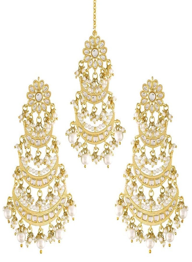 Aheli Kundan Pearl Long Dangle Chandbali Earring Maang Tikka Indian Traditional Bollywood Jewelry Set Gift for Women - Image 2