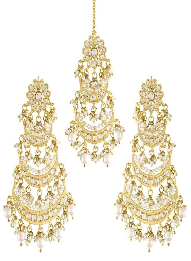 Aheli Kundan Pearl Long Dangle Chandbali Earring Maang Tikka Indian Traditional Bollywood Jewelry Set Gift for Women - Image 1
