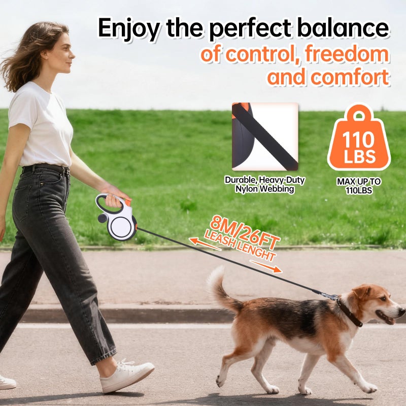 LULUPET 26Ft Retractable Dog Leash for Small, Medium, Large Dogs (Up to 110lbs) - Heavy Duty Anti-Slip Handle, Includes Poop Bag Dispenser, 360Â° Tangle-Free Tape - Image 2