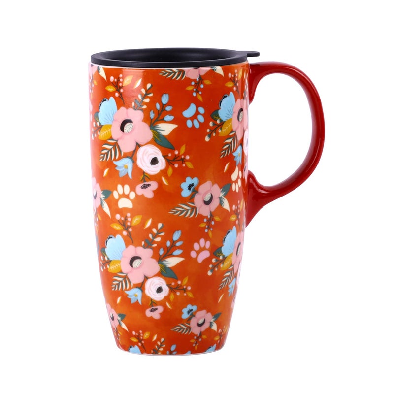 Topadorn Ceramic Coffee Mug Travel Cup Gift with Lid 17oz Porcelain Tall Tea Cup with Handle for Home  Office Orange Floral Art Pattern Gift Mug 65H