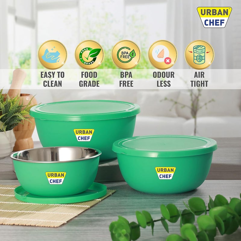 URBAN CHEF طقم أطباق الخلط من مكون من 3 قطع من الفولاذ المقاوم للصدأ (500 مل، 800 مل، 1250 مل) | آمن للاستخدام في الميكروويف وغسالة الأطباق | طقم أطباق بغطاء هدية | أطباق للوجبات الخفيفة | أطباق تقديم إكسسوارات المطبخ - أخضر - Image 3