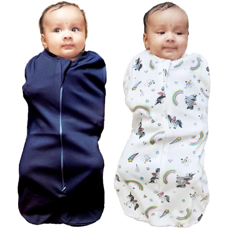 MammaChamp PODZipper Swaddle Sleeping SackSwaddleBlanketsWrapBag for NewbornBaby 03 months Packof 2 Blue Unicorn Design