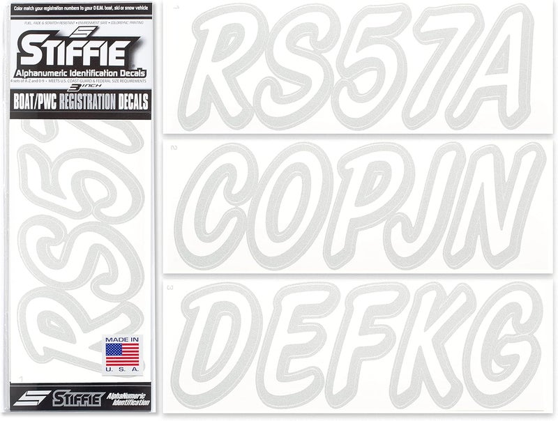Stiffie Whipline Solid White/Silver 3" Alpha-Numeric Registration Identification Numbers Stickers Decals for Boats & Personal Watercraft - Image 1