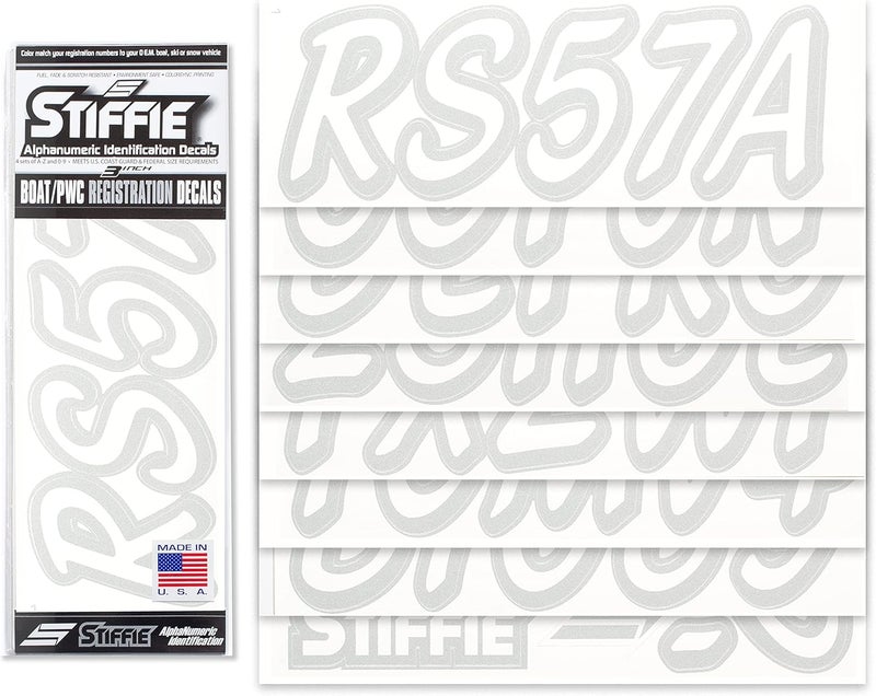 Stiffie Whipline Solid White/Silver 3" Alpha-Numeric Registration Identification Numbers Stickers Decals for Boats & Personal Watercraft - Image 2
