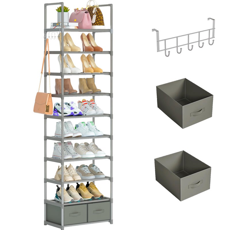 OYREL Shoe Rack Sturdy Metal Shoes Rack OrganizerNarrow Shoe RackShoe Racks for ClosetsShoes RackShoe StandShoe Shelf 10 Tier with 2 Boxes and 1 Hook