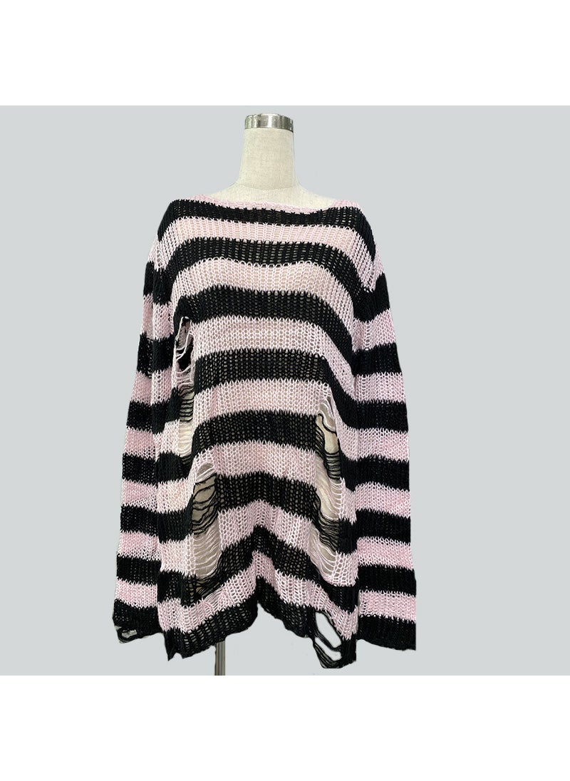 Generic Mohair new European and American Foreign trade loose striped sweater Women's Mid-length pullover ripped thin wool sweater  - Image 5