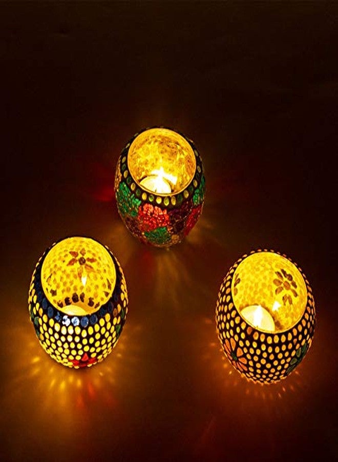 حاملات شموع زجاجية فسيفسائية من كاميري بازار (عبوة من 3 قطع) - حامل شموع ديوالي، زينة أضواء عيد الميلاد - حاملات شموع صغيرة، ديكور للحفلات والمنزل - Image 1