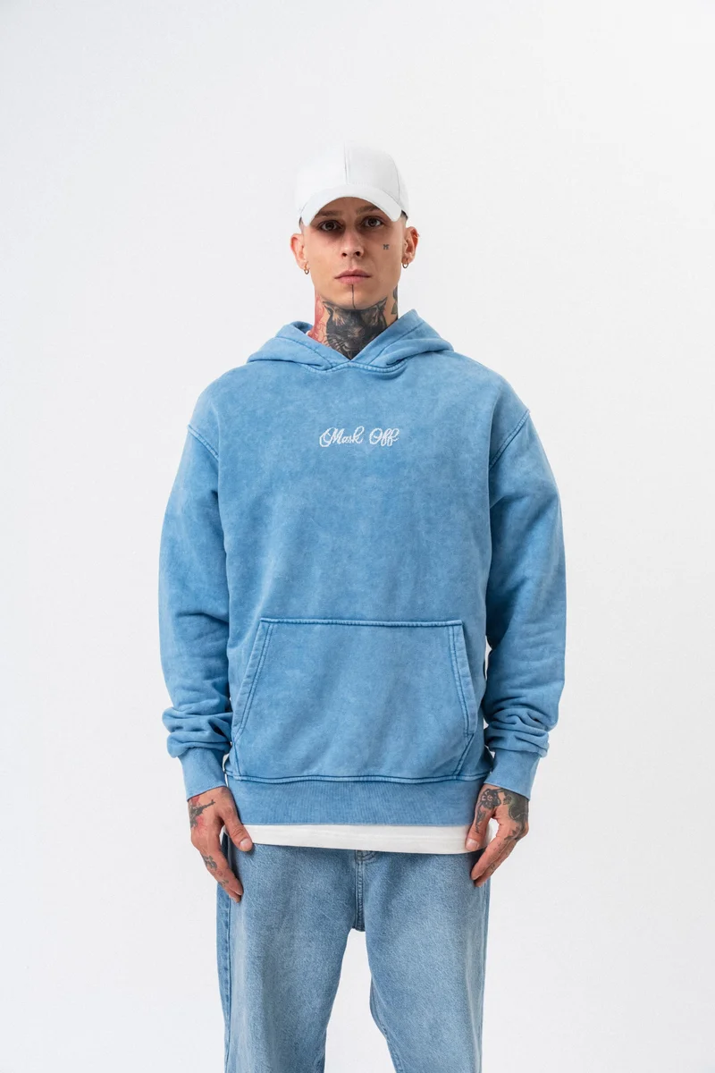 ريسباير هودي رجالي واسع (Oversize) بغطاء رأس مغسول ومطبوع بعبارة "Mask Off" لون أزرق