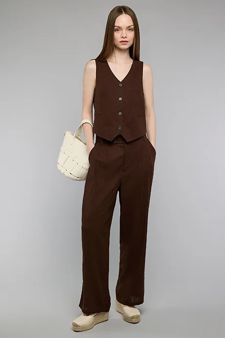 أر أند بي Solid Wide Leg Pants with Button Closure