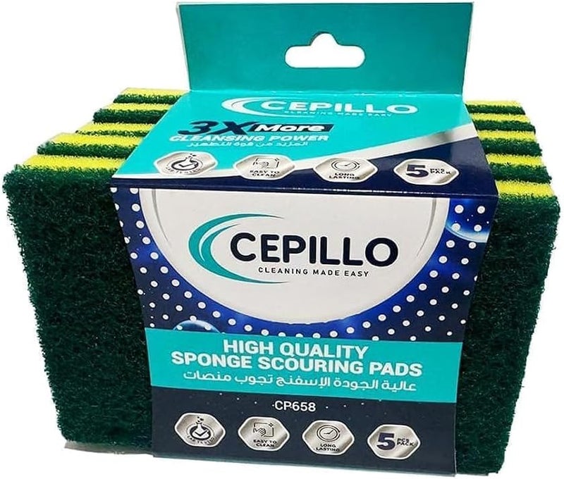 5pcs Sponge Scouring Pads | Non-Scratch, Dual Sided | Kitchen, Bathroom, Outdoor & Garage | 5 Count - Yellow/Green 13x9x1.5cm