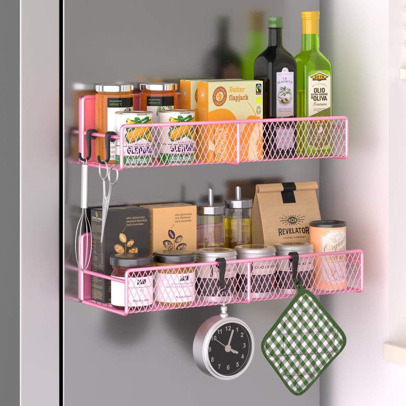 DTUQYX Magnetic Spice Rack for Refrigerator 2 Pack Metal Magnetic Shelf Pink Moveable Spice Organizer with Hooks Super Magnetic Fridge Shelf for Kitchen Organization and Storage - Image 2