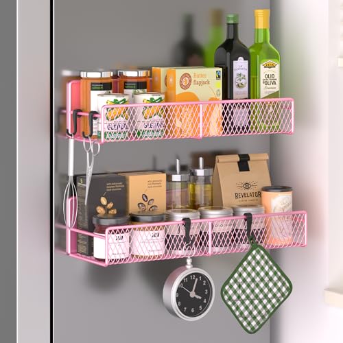 DTUQYX Magnetic Spice Rack for Refrigerator 2 Pack Metal Magnetic Shelf Pink Moveable Spice Organizer with Hooks Super Magnetic Fridge Shelf for Kitchen Organization and Storage - Image 1