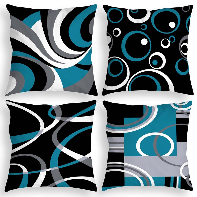 D DIFARIC Throw Pillow Covers Set of 4 Decor Decorative Throw Pillow Cover Abstract Modern Geometric Teal Square Cushion Cases for Sofa Bed Couch Black and Blue 20 inches x20 inches