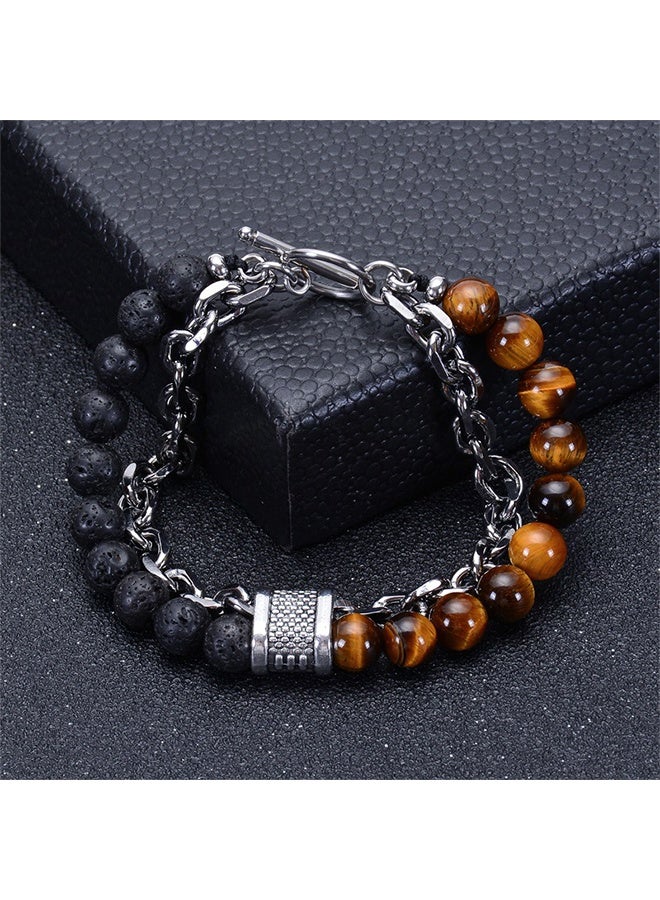 Natural Tiger Eye Stone Beaded Bracelet Metal Chain Bracelet, Gifts for Men and Women - Image 3