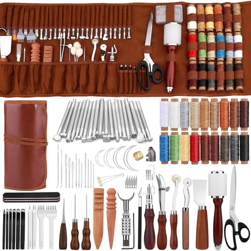 TLKKUE Leather Working Tool Leatherworking Tool Kit with Custom Storage Bag for Carving Punching Sewing Stamping, Essential Supplies for DIY Leather Crafts - Image 1