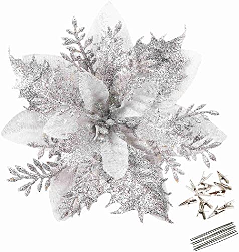 GREENTIME 12 Pcs Glitter Poinsettia 55 Artificial Flowers Halloween Christmas with Clips Stems Xmas Tree Ornaments for Wedding Party Wreath Decoration Silver