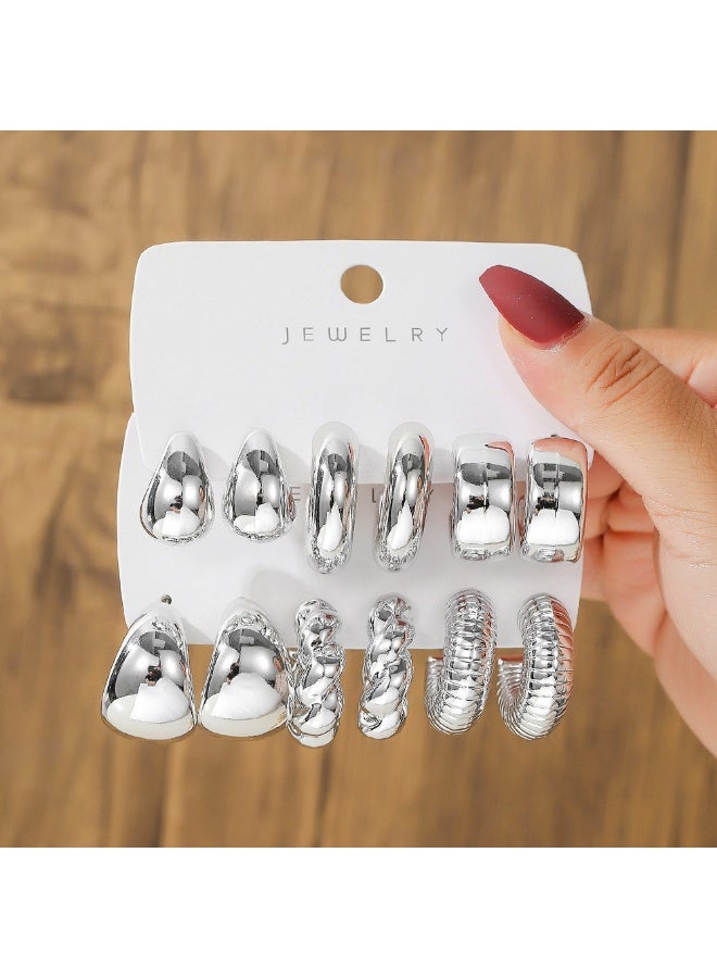 Innoshine 6 Pairs Chunky Silver Tone CCB Huggie Hoop Earrings Set for Women, Teardrop, Twisted, Ribbed Textured Earrings, Vintage Fashion Jewelry Gift for Daily Wear, Eid, Wedding, Party - Image 1