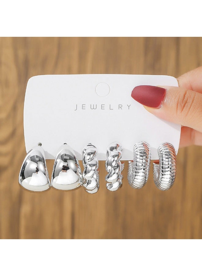 Innoshine 6 Pairs Chunky Silver Tone CCB Huggie Hoop Earrings Set for Women, Teardrop, Twisted, Ribbed Textured Earrings, Vintage Fashion Jewelry Gift for Daily Wear, Eid, Wedding, Party - Image 2