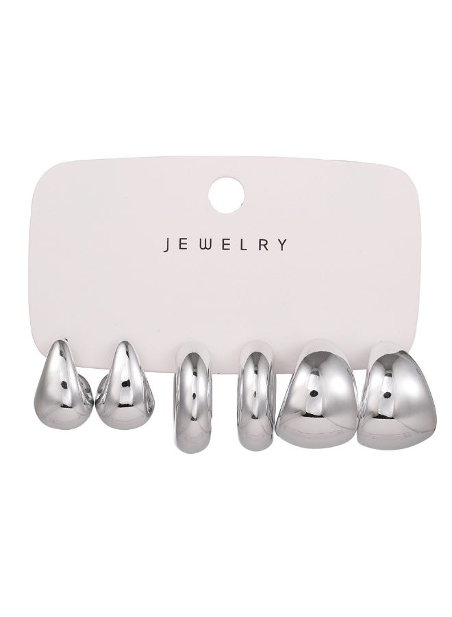 Innoshine 6 Pairs Chunky Silver Tone CCB Huggie Hoop Earrings Set for Women, Teardrop, Twisted, Ribbed Textured Earrings, Vintage Fashion Jewelry Gift for Daily Wear, Eid, Wedding, Party - Image 3
