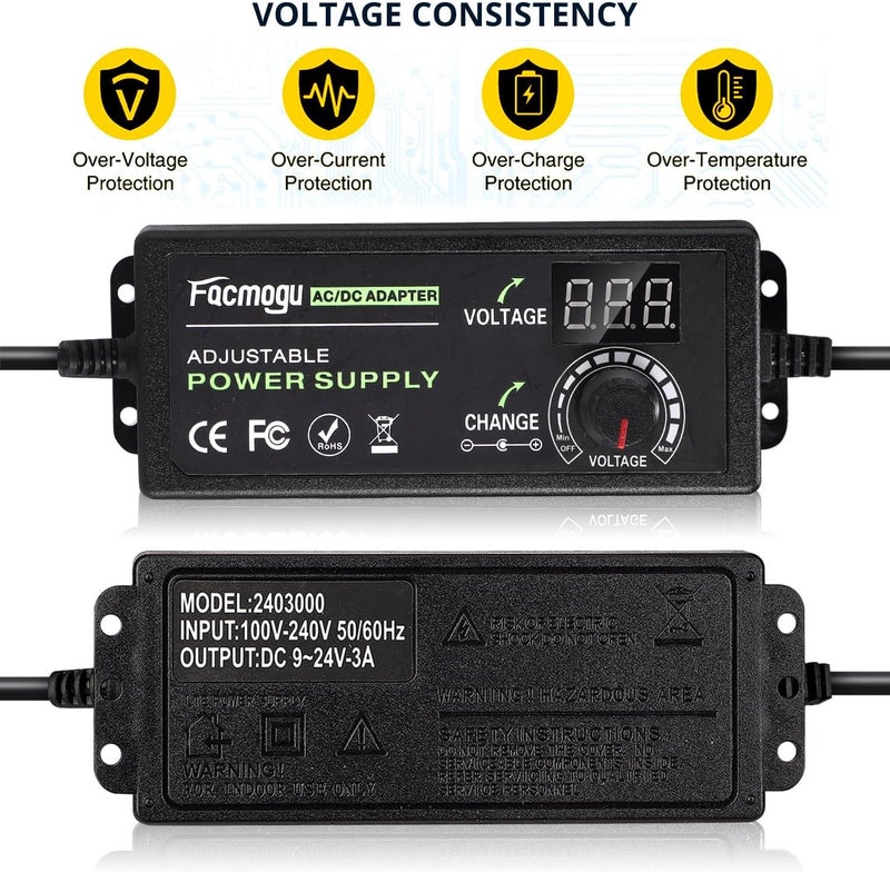 فاكموغو محول طاقة قابل للتعديل 9V-24V 3A 72W مع شاشة LED، مزود طاقة متغير عالمي متعدد الجهد 100V-240V AC إلى DC 9V 12V 15V 16V 18V 19V 20V، محول تيار متردد إلى تيار مستمر بجهد متنوع - Image 5
